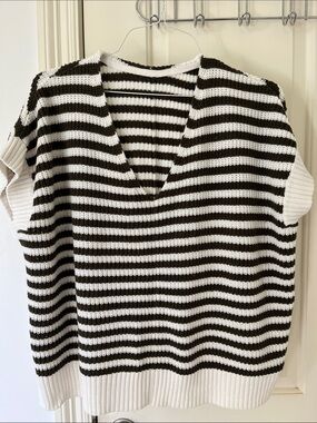 Ann Taylor Black and White Striped Knit V-Neck Top